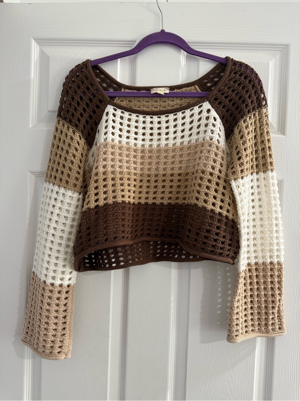 Hem & Thread Brown, Tan & Purple Open Knit Crop Sweater